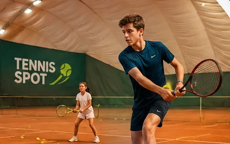 Kryty kort ziemny z bannerem Tennis Spot i trenującymi dziećmi