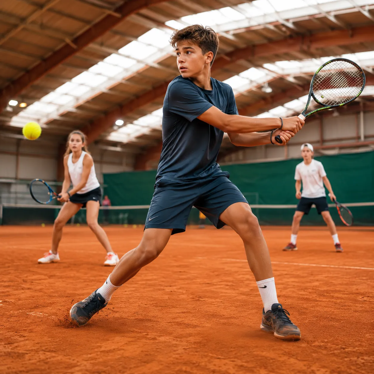 Nastolatek uderza backhand na krytym korcie ziemnym